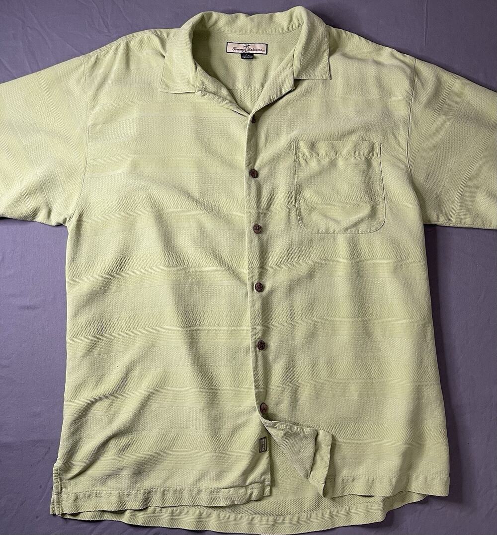 Tommy Bahama 100% Silk Button Down Shirt Pale Green Casual Mens Large